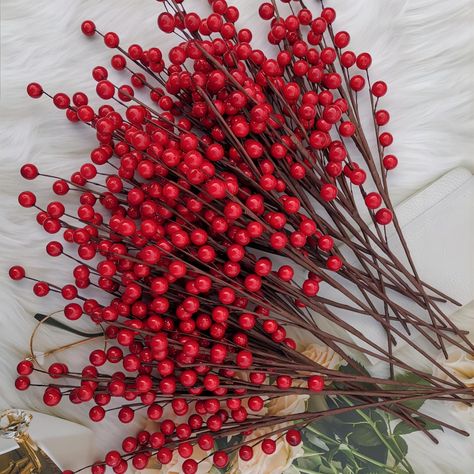 PRICES MAY VARY. Quantity: This set of Christmas tree picks includes 24 packs of stems. Each stem is 16.7 inches long and has 7 branches, with each branch having 5 red berries. Total of 840 Red Berries,The diameter of each berry is 0.39 inches. Please check the pictures for more details. Craftsmanship: The surface of the foam is soaked with a transparent and bright environmental protection coating to make red berries, then combined with iron wire and brown tissue paper, hand-woven by skilled cra Christmas Tree Red Berries, Red And Silver Christmas Tree Ideas, All Red Christmas Tree, Red Berry Christmas Tree, Red Christmas Tree Decorations, Red And Green Christmas Decor, Brown Tissue Paper, Red And White Christmas Tree, Christmas Tree Picks