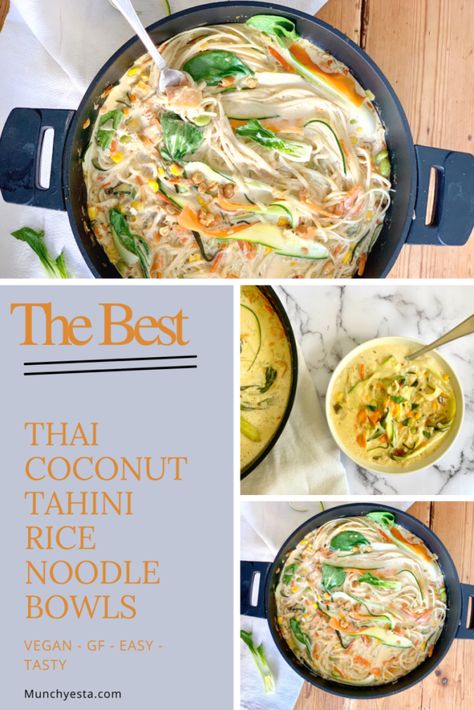 Vegan tahini thai coconut noodle bowls recipe made with rice noodles, coconut milk, zucchini, carrots and more. It’s a vegan and gluten-free one pot meal prep friendly dinner recipe Noodle Bowls Recipes, Vegan Noodles, Soy Free Vegan, Vegan Rice, Thai Coconut, Coconut Sauce, Noodle Bowls, Vegan Comfort Food, Rice Noodles