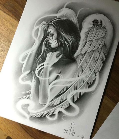 Payasa Tattoo, Beautiful Angel Tattoos, Rabe Tattoo, Art Chicano, Tattoo Angel, Catrina Tattoo, Chicano Tattoos, Chicano Tattoo, Lowrider Art