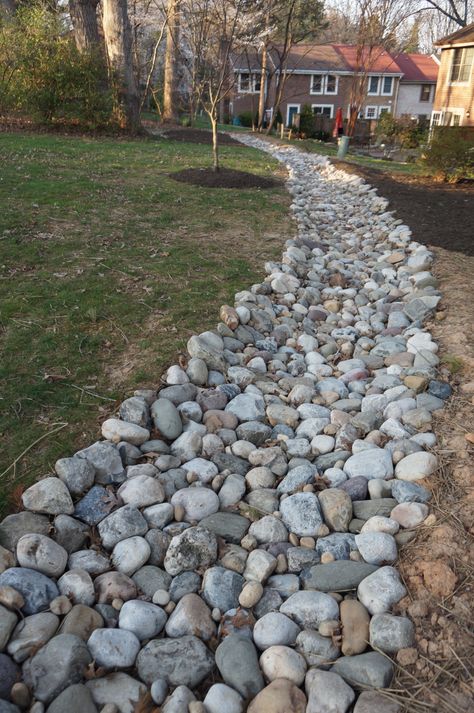 Rock Ditch Landscaping, Drainage With Rocks, Rip Rap Drainage Ditch, River Rock Drainage Ditch, Rock Bed Drainage, Rock Drainage Ditch, Culvert Landscaping Ideas Driveway, Water Drainage Ideas Yards, Drainage Ditch Landscaping