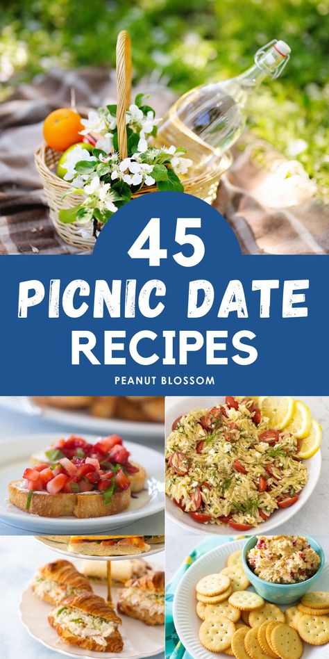 45 easy recipes for amazing romantic picnic date ideas. Impress your special someone with these grown up finger foods, small bites, and fresh seasonal snacks to linger over during a relaxing picnic at an outdoor concert. Brunch Picnic Recipes, Cute Picnic Food Recipes, Picnic Finger Foods Simple, Anniversary Picnic Ideas Food, Dinners To Pack On The Go, Outdoor Concert Picnic Ideas, Outdoor Concert Food Ideas, Concert In The Park Food Ideas, Romantic Finger Food Ideas