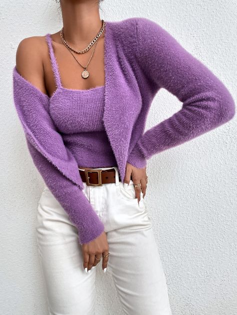 Purple Outfit, Fluffy Knit, Violet Purple, Co Ords, Women Sweater, Cute Fits, Open Front Cardigan, Cami Top, Cami Tops