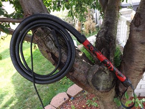 This bullwhip was made with a 52-strand handle and a 20-strand thong. Measured from the end of the handle to the end of the braid, it is 8 feet. Made with three cowhide bolsters, two braided kangar… Scout Knots, Bull Whip, Red Kangaroo, Flaming Skull, Rope Projects, Leather Tooling Patterns, Leather Designs, Tooling Patterns, Types Of Swords