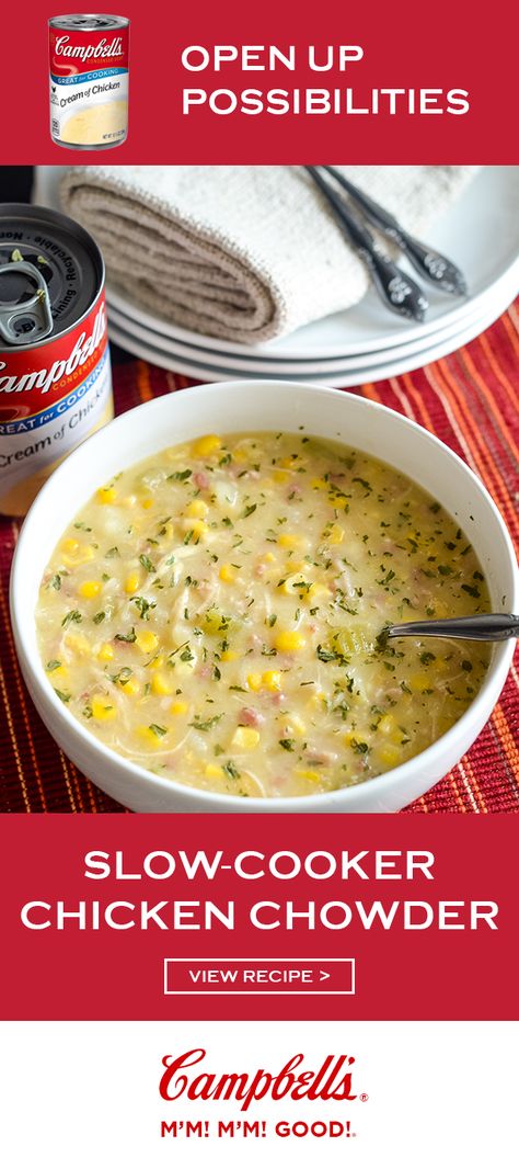 Stock your pantry with Campbell’s® Cream of Chicken Soup and you can whip up this recipe for Slow-Cooker Chicken & Corn Chowder anytime! We can't think of a better quick dinner idea. Click to learn how this kitchen staple, bacon, chicken, creamed corn, and potatoes come together to create this creamy dish for your table! Chicken And Corn Chowder, Chicken Corn Soup, Chicken And Corn, Campbells Soup Recipes, Slow Cooker Creamy Chicken, Chicken Corn Chowder, Cheap Clean Eating, Chicken Corn, Crockpot Soup Recipes