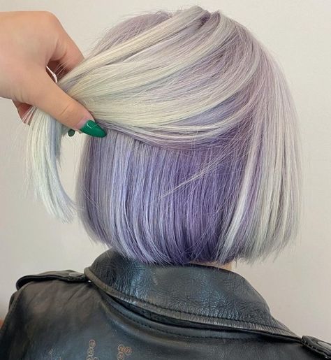 Platinum Bob with Purple Underlights Purple Highlights Underneath, Hairstyles With Purple Highlights, Hairstyles With Purple, Purple Underlights, Purple Underneath Hair, Dark Purple Highlights, Lilac Highlights, Violet Highlights, Platinum Bob