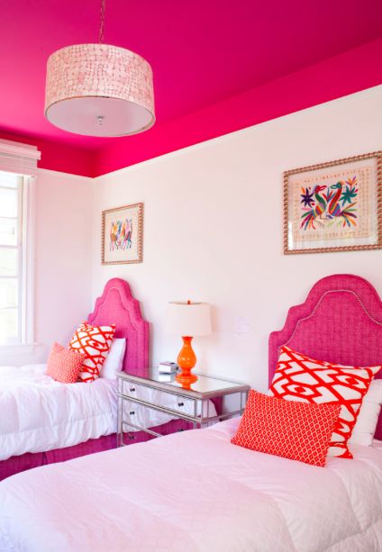 9 Ideas For A Painted Ceiling | ROWE SPURLING PAINT COMPANY Pink Girls Room Paint, Girls Room Paint, Kids Furniture Design, Children Furniture, Pink Bedroom For Girls, Kids Room Paint, Colored Ceiling, Pink Bedrooms, Pretty Bedroom