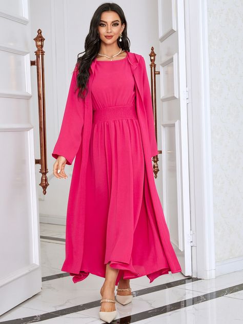 Hot Pink Modest  Long Sleeve Polyester Plain Abaya Set  Non-Stretch Spring/Fall World Apparel Plain Abaya, Pink Abaya, Shirred Dress, Hidden Pocket, Hooded Coat, Pocket Detail, Spring And Fall, Embroidered Flowers, Dress P