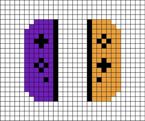 A pixel art template of a pair of Nintendo Switch controllers (joy-cons), purple and orange. Game Controller Perler Beads, Video Game Perler Beads, Orange Pixel Art, Pixel Art Tiny, Perler Pins, Lego Printmaking, Nintendo Pixel Art, Tiny Perler Bead Patterns, Minecraft Beads