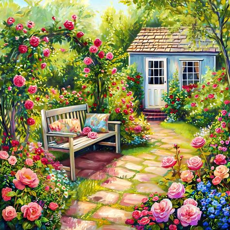 flowers,cottage Hut Illustration, Bench In The Garden, Flower Garden Pictures, Best Wall Paint, Garden Huts, Birds Photography Nature, Garden Picture, Fairytale House, Urban Painting