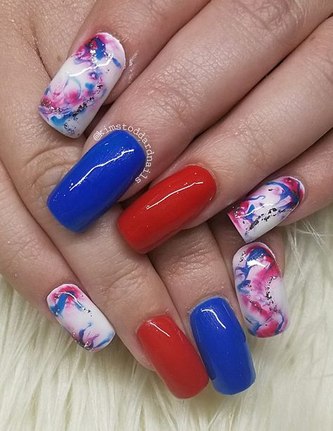 Forth of July red, white, and blue marble gel nails Red And Blue Swirl Nails, Red White And Blue Nail Art, Buffalo Bills Nail Ideas, Red White And Blue Marble Nails, White And Blue Marble Nails, Blue Marble Gel Nails, Red And Blue Nails Design, Red Blue Nails, Independence Nails