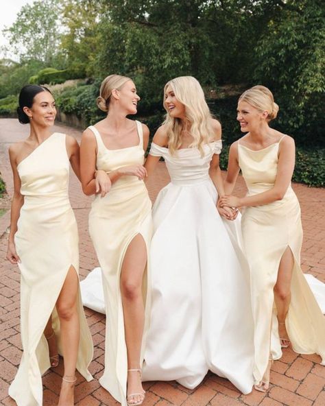 This soft and romantic hue adds a touch of warmth and brightness to any bridal party. The colour yellow is often associated with happiness, joy, and positivity, making it a perfect choice for celebrating love and new beginnings. Whether you're planning a garden wedding or a beach ceremony, butter yellow bridesmaid dresses are a versatile and timeless choice that will complement any wedding theme. Champagne Crepe Bridesmaid Dresses, French Wedding Bridesmaid, Pastel Yellow Bridesmaid Dresses, Color Amarillo Pastel, Yellow Bridesmaid Dresses, Yellow Theme, Yellow Bridesmaids, Dress Guide, Fantasy Wedding