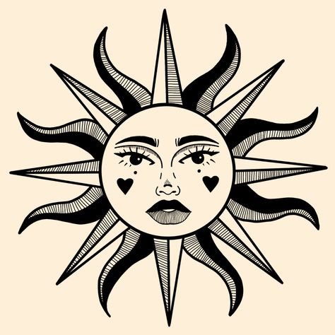 Sun with face tattoo design in black Retro Sun Character, Witchy Sun Tattoo, Sicilian Tattoo, American Traditional Sun Tattoo, Sun With Face Tattoo, Traditional Sun Tattoo, Metal Repousse, Face Tattoo Design, Celestial Tattoos