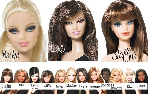 12 Basic Barbie Dolls and their face sculpts. All are Barbies, the name underneath is their face style. Barbie Face, Barbie Basics, Face Mold, Different Skin Tones, Im A Barbie Girl, Barbie Vintage, Barbie I, Barbie Friends, Barbie Collector