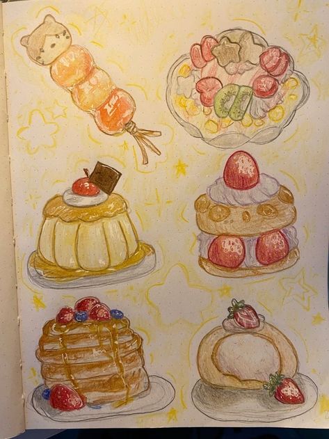 Cookie Drawing Aesthetic, Cute Food Sketches, Dessert Art Drawing, Cute Dessert Drawings, Dessert Doodles, Food Drawing Sketches, Sweet Sketches, Dessert Drawings, Drawings With Colored Pencils