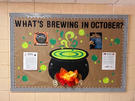 Photo: A bulletin board for October.
Objects in Photo: Bulletin board, tan paper background, black and white plaid border, paper cauldron with lime green mixture in it, tissue paper fire, paper logs, lime green and dark green bubbles, lime green and dark green swirls, and flyers.
Words on Board: What’s Brewing In October? October Pe Bulletin Boards, Bulletin Boards For Preschool, Information Bulletin Boards, Billboard Ideas, Pe Bulletin Boards, Physical Education Lesson Plans, Health Bulletin Boards, October Bulletin Boards, Elementary Pe