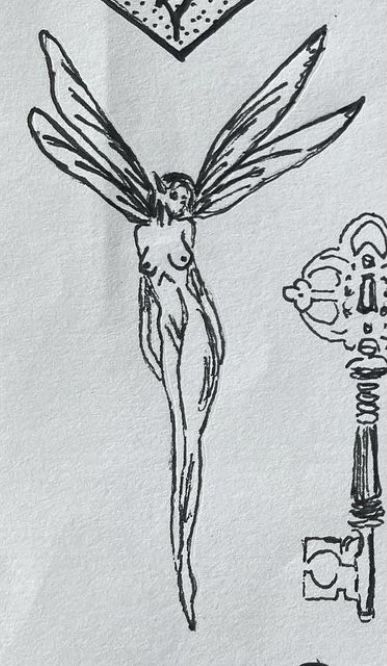 Angel Tattoo Vintage, Fairies Drawing Aesthetic, Self Done Tattoo, Pinup Fairy Tattoo, Trippy Minimalist Tattoo, Cottagecore Line Art, Tattoos For Back Of Neck, Goblincore Doodles, Creepy Fairy Tattoo