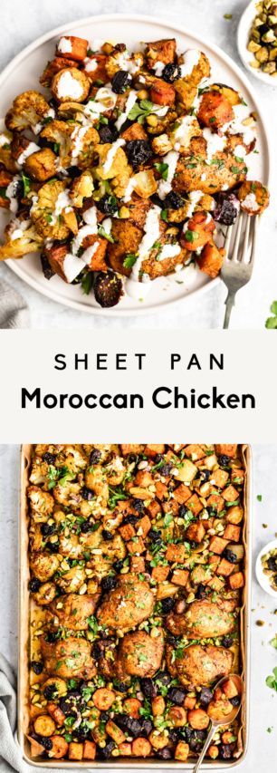 Easy sheet pan Moroccan chicken with sweet potato, carrots, cauliflower & spices. This healthy Moroccan sheet pan chicken recipe is the perfect dinner! Healthy Moroccan Recipes, Family Sheet Pan Dinners, Moroccan Dinner Recipes, Healthy Filling Dinners, Veggie Filled Dinner, Cauliflower Sheet Pan Dinner, Sweet Potato Sheet Pan Dinner, Sheet Pan Chicken Recipe, Homemade Feta