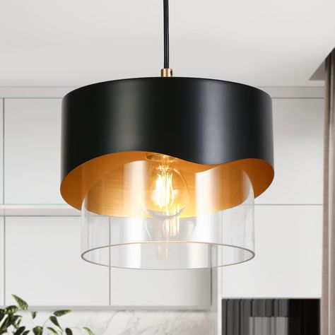 Modern Industry 1-Light Black and Gold Cylindrical Chandelier Island Lighting Pendant Light for Dining Room - 9.9" × 8.9" - Bed Bath & Beyond - 40438280 Small Kitchen Lighting Fixtures, Kitchen Island Black, Light For Kitchen Island, Unique Pendant Lights, Light For Kitchen, Light For Dining Room, Small Pendant Lights, Lighting Pendant, Island Pendant Lights