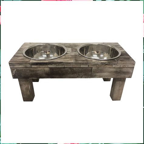 Huntley Pet Berjen Table Elevated Double Bowl Pet Feeder, Brown Wash