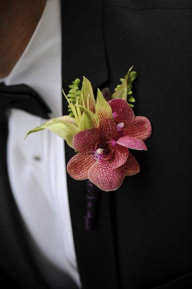 Orchid boutonniere Phaelenopsis Orchids, Orchid Boutonniere, Body Flowers, Bracelet Corsage, Prom Corsages, Grace Ormonde Wedding Style, Corsage And Boutonniere Set, Flower Boutonniere, Purple Hydrangea