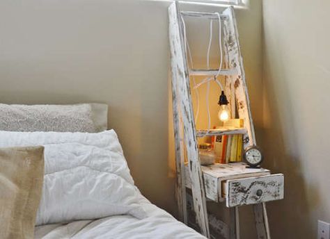 Vintage Decor Ideas Shelf Nightstand Ideas, White Ladder Shelf, Traditional Bedside Tables, Nightstand Ideas, Unique Nightstand, Shelf Nightstand, Old Ladder, Diy Ladder, Adjustable Bed Frame