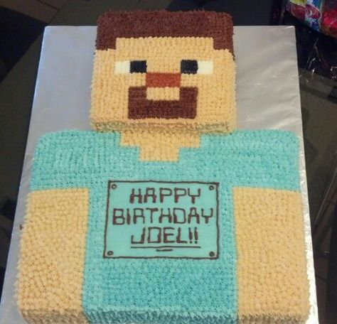 Steve from Minecraft Steve Minecraft Cake, Minecraft Cake Steve, Mindcraft Cakes Birthday Boys, Homemade Minecraft Cake, Minecraft Pickaxe Cake, Minecraft Ghast Cake, Minecraft Cupcakes, Toddler Birthday Cakes, Party Decoration Items