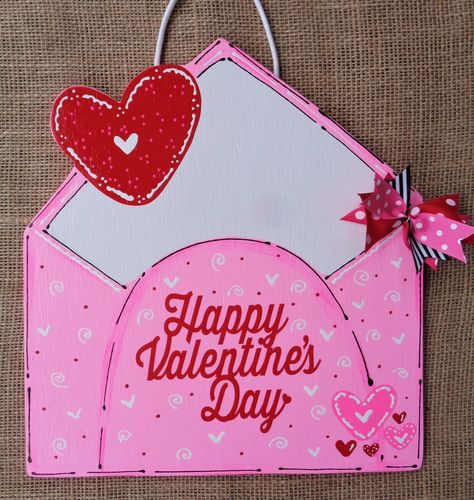 HAPPY VALENTINE'S DAY Envelope Sign Wall Art Door Hanger Holiday Decor Wood Wooden Hand Painted Handcrafted Wreath Embellishment Country Wood Crafts, Valentines Door Hanger, Art Door, Snowman Sign, Wooden Wreaths, Outdoor Display, Valentine Wreath, Holiday Items, Sign Wall