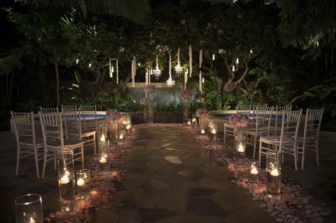 Consider having a nighttime ceremony and using candles to create a romantic and intimate ambiance #wedding #chandelier Aulani Wedding, Oahu Wedding Venues, Candlelit Ceremony, Aulani Resort, Wedding Venues Hawaii, Hawaii Resorts, 2025 Wedding, Disney Fairy Tale Weddings, Oahu Wedding