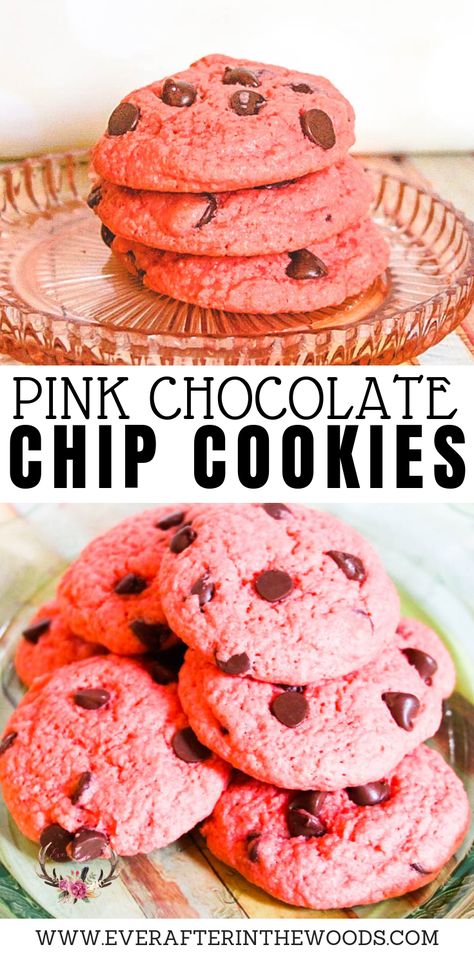 Pink Chocolate Chip Cookies Recipe, Pink Chocolate Chip Cookies, Pink Velvet Cookies, Pink Oreos, White Cake Mix Cookies, Gender Reveal Dessert, Dig Pink, Pink Velvet Cakes, Making Desserts