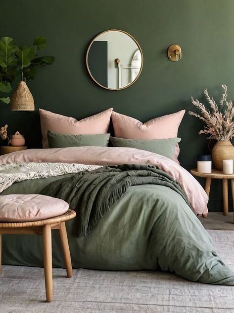 box room green and blush - Google Search Dark Green And Dusty Pink Bedroom, Forest Green And Rose Gold Bedroom, Sage Pink Grey Bedroom, Small Green Bedroom Aesthetic, Pink Dark Green Bedroom, Olive Green Pink Bedroom, Bedroom Ideas Green And Gold, Sage Green Blush Bedroom, Pink And Forest Green Bedroom