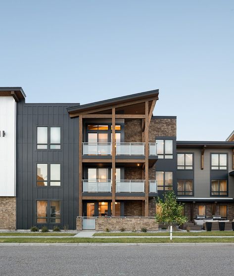 Bricks Architecture, Waterfall Island Kitchen, Mountain Architecture, Townhouse Exterior, Apartment Exterior, Multifamily Housing, Floating Bathroom Vanities, Chalet Style, Bozeman Mt