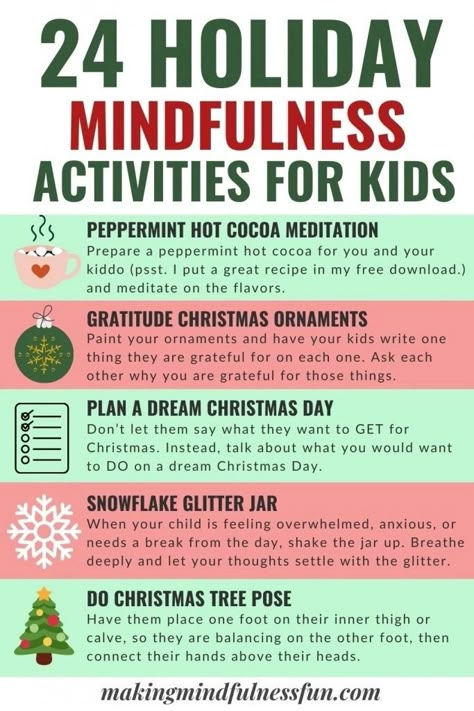 24 Days Of Holiday Mindfulness Activities For Kids » Making Mindfulness Fun Christmas Mental Health Activity For Kids, Christmas Counseling Activities For Kids, Christmas Therapy Activities Kids, Christmas Therapy Activities, Holiday Mindfulness, Christmas Mindfulness, Mindful Christmas, Mindful Activities For Kids, Christmas Therapy