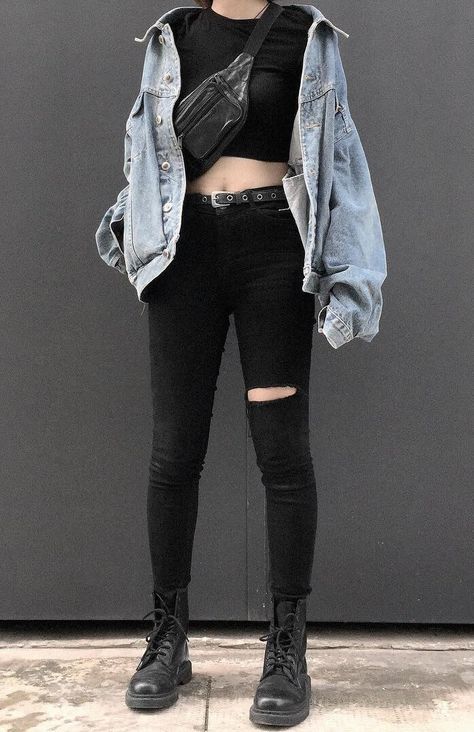 Denim jacket with black croptop, fanny pack, black pants & combat boots by 792td___ - #grunge #alternative #fashion Grunge Looks, Fishnet Leggings, Look Grunge, K Fashion, Grunge Look, Total Black, Looks Black, Trend Fashion, Edgy Outfits