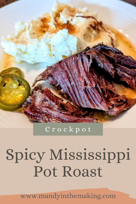 Spicy Mississippi Pot Roast — Mandy in the Making | Meals & More on YouTube Crockpot Mississippi Pot Roast, Crock Pot Mississippi Pot Roast, Mandy In The Making, Easy Pot Roast, Mississippi Pot, Au Jus Gravy, Riced Veggies, Swiss Steak, Brown Gravy Mix