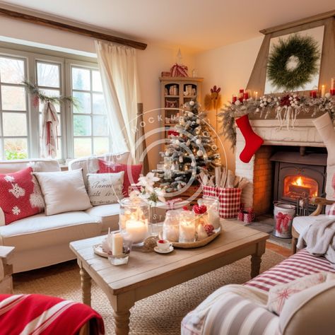 This wonderful Christmas Living Room stock image/ multi-use mockup photo features a French Country Cottage aesthetic with red & white decor. Vibe: French Country, Cozy, Warm, Country, Classic, Pretty, Cottagecore, Festive, Christmas, Holiday THIS IMAGE IS ALSO AVAILABLE IN THESE BUNDLES: + Our 'Full House' French Country Christmas Cottage Red & White Bundle of 72 images:  https://www.etsy.com/listing/1583246551/christmas-decor-mockup-bundle-set-of-72  + Our bundle of 12 French Country Christmas Cottage Red & White Living Rooms here: https://www.etsy.com/listing/1583317157/holiday-mockup-photo-bundle-set-of-12 The perfect vessel to showcase your brand! Our mockups/stock images are simple to use - just add your graphic, make any edits you need for the most realistic aesthetic (add a drop sha Xmas Living Room Decor, Vintage Christmas Living Room, Christmas Cottage Decor, French Country Cottage Christmas, Red White Decor, Country Cottage Living Room, Holiday Living Room, Aesthetic Holiday, French Country Christmas