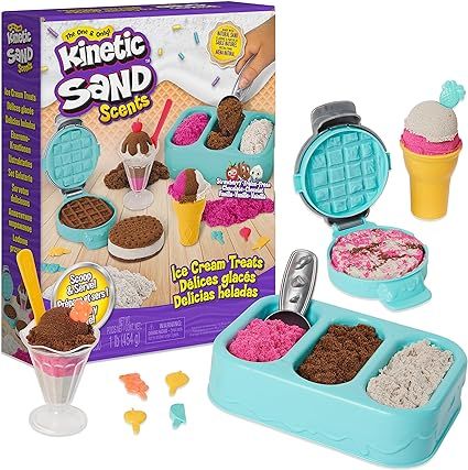 Amazon.com: Kinetic Sand Scents, Ice Cream Treats Playset with 3 Colors of All-Natural Scented Play Sand and 6 Serving Tools, Sensory Toys for Kids Ages 3 and up : Toys & Games Play Sand, Sensory Toys For Kids, Kinetic Sand, Ice Cream Treats, Kids Gift Guide, Ice Cream Truck, Natural Scents, Toys For Kids, Sensory Toys