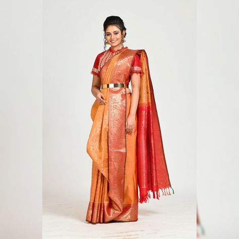 Draped in Style . Celebrity Stylist Dolly Jain plays with a Sarangi Kanjivaram in a Bengali drape.  She says- “You can drape a saree differently every single time or add elements of interest to stand apart from the crowd.” Adding an elegant belt defines the saree structure and takes the look a notch higher. . Visit our online store to view a wide range of unique Kanjeevaram silk sarees. . . . . . #sarangithestore #celebritystyling #whatiwore #dollyjain #collaboration #silksaree #handloomindia #h Kanjeevaram Draping Styles, Sarees Draping Styles, Bengali Drape, Saree Hacks, Drape A Saree, Dolly Jain, Choli Blouse Design, Elegant Belt, Draping Styles