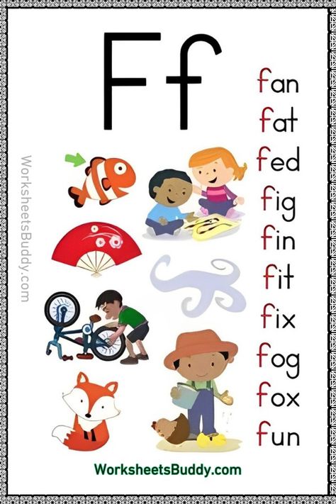 F Word Family Worksheets - Letter 'F' Phonics Sounds Printables F Sound Activities, F Words For Kids, Phonic Sounds Worksheets, F Sound Worksheet, Ture Word Phonics, Jolly Phonics T Sound Worksheet, Letter W Activities, Short E Word Families, Family Words