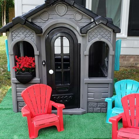 Gothic Playhouse, Playhouse Redo, Plastic Playhouse Makeover, Kid Playhouse, Toy Makeover, Playhouse Diy, Plastic Playhouse, Playhouse Makeover, Playhouse Ideas