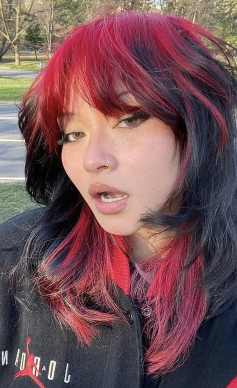 Colored Fringe Hair, Red Dyed Roots On Black Hair, Alt Hair Colors Ideas, Red Dyed Hair Aesthetic, Black And Red Shag Hair, Wolfcut With Red Highlights, Red Roots Brown Hair, Red Alternative Hair, Top Layer Of Hair Dyed