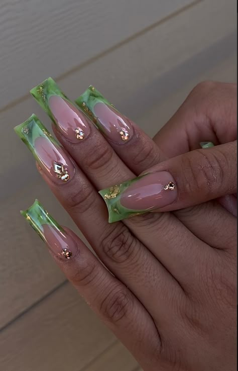 Nails With Jewels Rhinestones Simple, Green Nails With Gems, Taurus Birthday Nails, Jade Nails Designs, Classy Acrylic, Nails Extra, Acrylic Toe Nails, Her Nails, Nail Sets