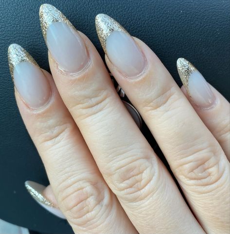 Milky White Nails With Gold French Tip, Nails With Gold French Tip, Gold Glitter French Tip, Glitter French Tip, Gold French Tip, White Almond Nails, White Nails With Gold, Nails With Gold, Glitter French Tips