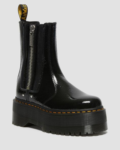 Shop 2976 Max Distressed Patent Chelsea Platform Boots at Dr. Martens. Free delivery on orders over $50 Chelsea Platform Boots, Black Dr Martens, Black Platform Boots, Boots Uk, Goodyear Welt, Platform Boots, Shoe Game, Black Ankle Boots, Dr. Martens