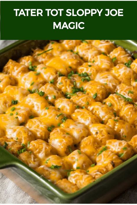 Tater Tot Sloppy Joe Magic Easy Sloppy Joe Casserole, Sloppy Joe Casserole With Tater Tots, Cheeseburger Casserole Tater Tots, Tater Casserole, Sloppy Joe Tater Tot Casserole, Easy Tater Tot Casserole, Sloppy Joes Easy, Sloppy Joe Casserole, Tater Tot Recipes