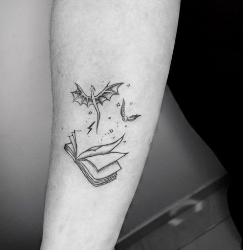 #dragon #tattoo #book #harrypotter Harry Potter Dragon Tattoo, Book Dragon Tattoo, Matching Harry Potter Tattoos, Bookworm Tattoo, Book Inspired Tattoos, Book Lover Tattoo, Harry Potter Dragon, Always Tattoo, Tato Naga