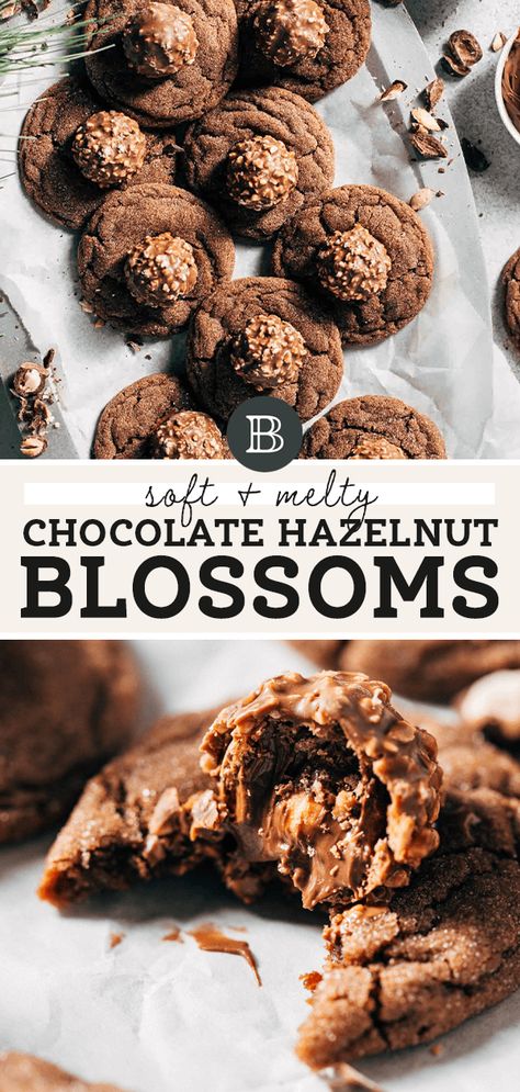 These hazelnut blossoms are a unique take on classic peanut butter blossoms! Nutella cookies are baked and topped with a hazelnut truffle. They're soft, sweet, crunchy, and so fun to make. #blossomcookies #nutellacookies #nutella #hazelnut #butternutbakery | butterrnutbakeryblog.com Butternut Bakery, Fudge Brownie Recipe, Butter Blossoms, Homemade Chocolate Pudding, Nutella Desserts, Butter Pecan Cookies, Decadent Chocolate Desserts, Blossom Cookies, Caramel Fudge