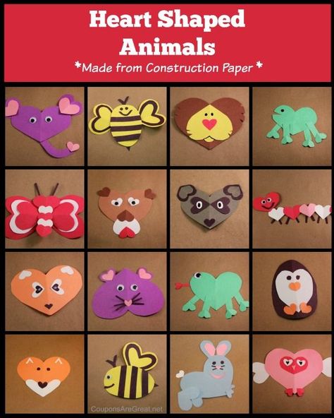 Heart Shaped Animals - these animals are great construction paper crafts to do with kids of all ages! They make perfect additions to your Valentine's. Heart Shaped Animals, Construction Preschool, Paper Cut Outs, Paper Construction, Preschool Art Projects, Construction Paper Crafts, Art Mediums, Diy Valentines Cards, Valentine's Day Crafts For Kids