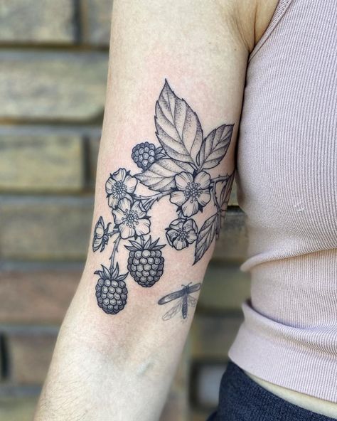 Blackberry Tattoo, Left Arm Tattoos, Strawberry Tattoo, Whimsical Tattoos, Wrap Around Tattoo, Wrap Tattoo, Upper Arm Tattoos, Vine Tattoos, Floral Tattoo Sleeve