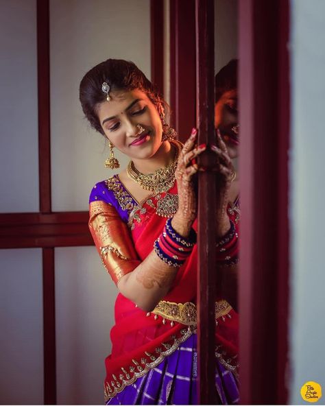 Prettiness ❤️ . Photo by @fifth_angle_studios  #bridesofhyderabad #bride #bridalinspiration #weddingideas #bridal #weddingphotography… Sisters Drawing, Indian Bride Poses, Half Saree Function, Bride Photos Poses, Lehenga Saree Design, Half Saree Lehenga, Engagement Photography Poses, Bridal Photography Poses, Indian Wedding Couple Photography