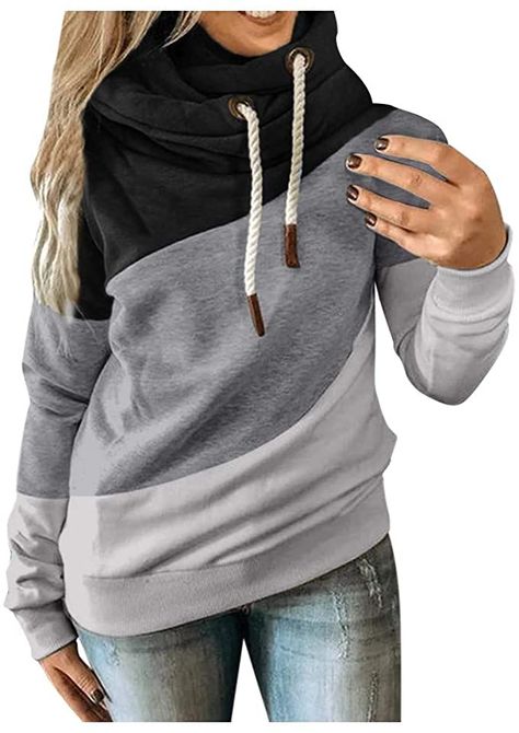 Wocachi Hoodies For Women, Cowl Neck Color Block Patchwork Fall Hoodie Sweatshirts Warm Basic Womens Hoodie Pullover at Amazon Women’s Clothing store Loose Hoodie, Striped Tunic, Tunic Sweatshirt, Estilo Chic, Hoodie Coat, Hoodie Pullover, Neck Hoodie, Blouse Shirt, Look Casual